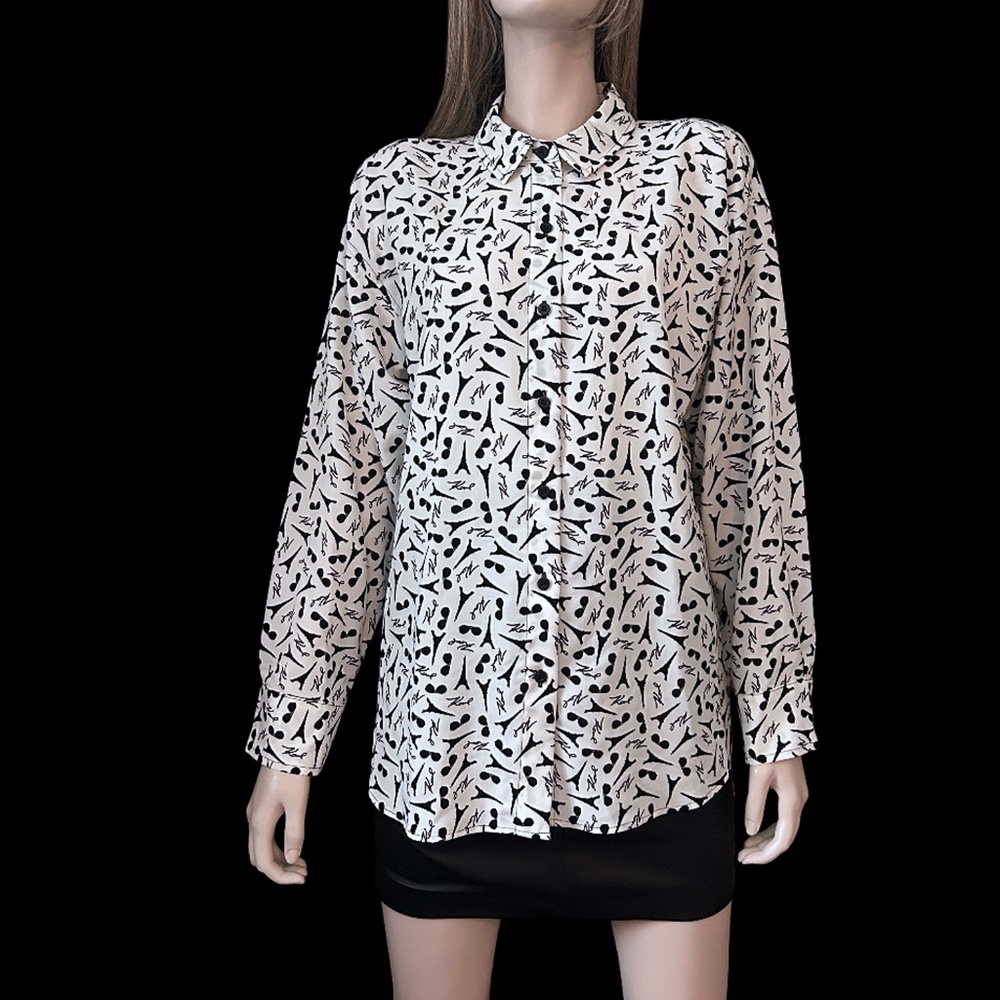 Karl Lagerfeld Graphic Print Blouse Top Paris Eiffel Tower Sunglasses Monogram